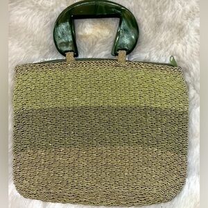 Crochet Works handbag, Green marbled Resin Handles, woven ombré greens. Llining.